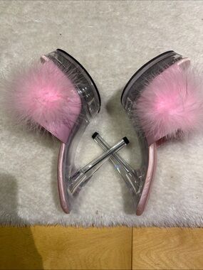 Pink Faux Fur Clear Platform Heels
